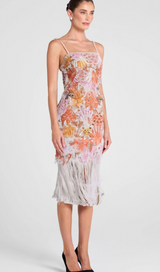 MULTICOLOR EMBROIDERED HOLLOW FRINGE MIDI DRESS