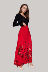 CIRCLE CUTOUT FRINGE SKIRT IN RED
