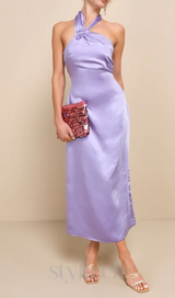 Lavender Satin Halter Slip Midi Dress