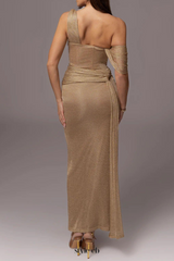 one-shoulder draped bodycon maxi dress in khaki