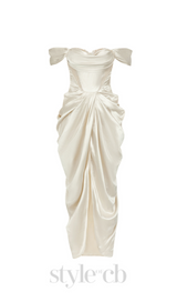 CAMILLE WHITE SATIN CORSET OFF SHOULDER GOWN