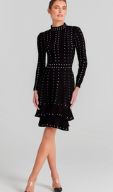 Fabienne black embellished ruffled knitted mini dress