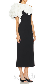 white flower embellished strapless black  midi dress