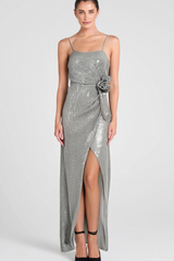 SARA SLIVER SEQUIN STEREO FLOWER SPAGHETTI STRAPS MAXI DRESS