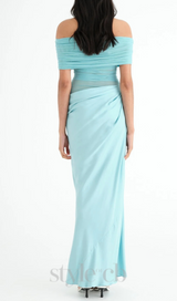 Off Shoulder Ruched Mesh Maxi Dress in Blue