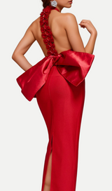 ANNA HUGE BOW SPLIT BANDAGE MAXI DRESS IN RED