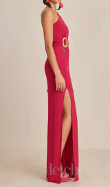 one-shoulder cutout side slit maxi dress in magenta