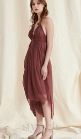 sally pleated midi dress in rust red