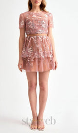FLOWER MESH TIERED MINI DRESS