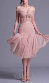 floral dentelle off-shoulder bustier corset net skirt set in pink