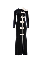 victoria Bow Cascade Velvet Maxi Dress in black