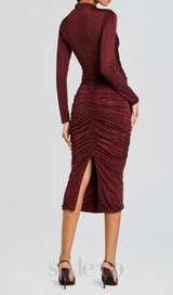 Diamond embellished pleated Midi Dress in merlot