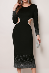 ELLA CRYSTAL EMBELLISHED CUT OUT BLACK MIDI DRESS