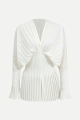 Pleated Bell Sleeve V-Neck Mini Dress in white