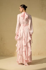 pandora Puff Sleeve Ruffle Trim Maxi Dress in pink