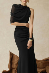 christine Off-shoulder pleated two-piece mermaid skirt in black