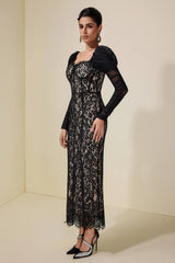 wendy Lace Splicing Mesh Puff Sleeve Midi Dress in black