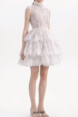 Sleeveless Stand Collar Lace Tutu mini dress in white