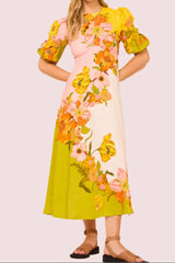 linda puff sleeve floral print maxi dress in yellow