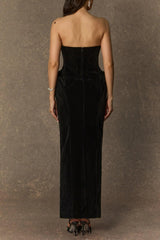 amity Black Deep V-neck strapless Velvet Maxi Dress
