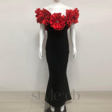 red flower embellished strapless Bandage maxi dress