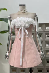 gladys Strapless 3d Floral Corset A-Line Dress in Pink