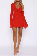 Ruffled Tie Deep V Chiffon mini Dress in red