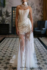 rita ivory sheer lace corset maxi dress with draped neckline