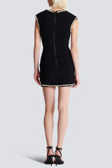amanda black Tweed mini dress with pearl trim
