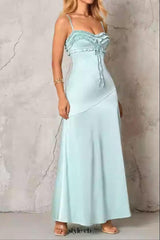 simona ruffle trim silk maxi dress in mint