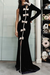 victoria Bow Cascade Velvet Maxi Dress in black