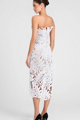 OFF-SHOULDER WHITE FLORAL LACE MIDI DRESS