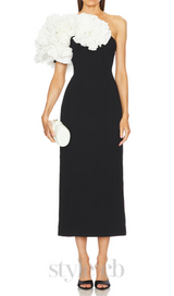 white flower embellished strapless black  midi dress