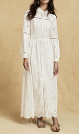 retro single-breasted hollow lace midi dress in white