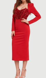 MELISSA LONG SLEEVE PATCHWORK SEQUIN MIDI DRESS IN RED