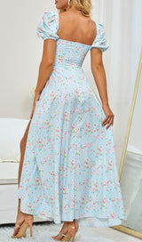 VINTAGE FLORAL PUFF SLEEVE MIDI DRESS IN BLUE