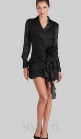 flower ruffle ribbon mini dress in black