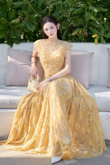 jennifer Lace Flower embellished maxi Dress in yellow