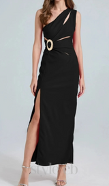 one-shoulder cutout side slit maxi dress in black