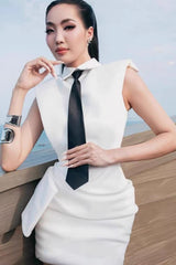White Bowknot Mini Dress With Necktie