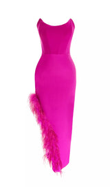 FEATHER HIGH-LOW DRESS IN HOT RED