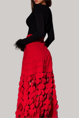 CIRCLE CUTOUT FRINGE SKIRT IN RED