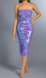 Glitter Strapless midi Dress in purple