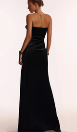 VELVET FLOWER SLIT MAXI DRESS IN BLACK