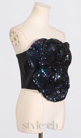 ANINDA SEQUIN FLOWER CROP TOP IN BLACK