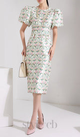 PUFF-SLEEVE FLORAL PRINTED MIDI DRESS