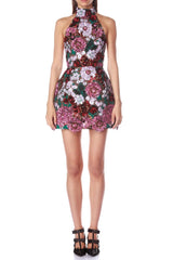 Violet open-back embroidered mini dress