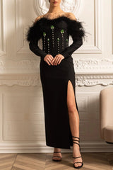 lara sequin high slit Feather Adorned maxi Dress - Black