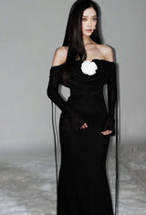 lila flower embellished pleated strapless maxi dress in black