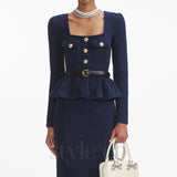knit peplum maxi dress in dark blue